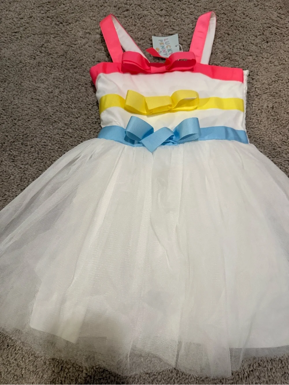 Girls' White Tulle Dress with Pink, Yellow & Blue Bows